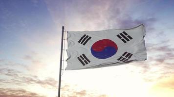 Zuid-korea vlag zwaaien in de wind, dramatische hemelachtergrond. 3d illustratie foto