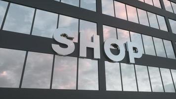 winkel teken op een moderne glazen wolkenkrabber. winkel glazen gebouw. 3D-rendering foto
