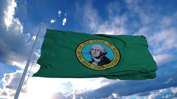 Washington vlag op een vlaggenmast zwaaiend in de wind, blauwe hemelachtergrond. 3D-rendering foto