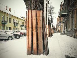 boomstam bedekt met houten planken op parkeerplaats in de winter foto