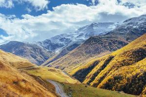 gouden herfstlandschap tussen de rocky mountains in georgië. stenen weg. Europa foto