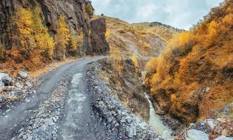 gouden herfstlandschap tussen de rocky mountains in georgië. stenen weg. Europa foto