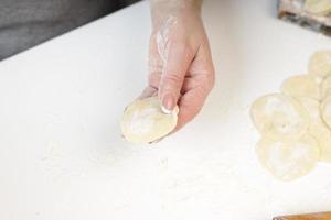 zelfgemaakte dumplings in de keuken zonder versieringen. dumplings maken met varkensgehakt, rundvlees en kip foto