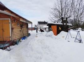 winterdag in het Russische dorp sneeuwput blauwe lucht foto