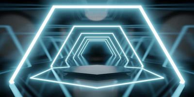 productplank achtergrond in kamer met hexagon laserlicht technologische stijl vloer en muur foto