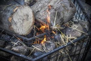 een close-up van brandende houtblokken en stro foto