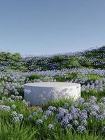 podium op natuurlijk paars bloemenveld 3d render illustratie foto