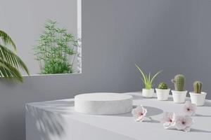 cilindrisch wit marmeren podium met natuurlijke planten 3d render illustratie foto