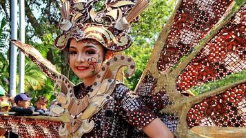 deelnemers in een aangepast batikkostuum terwijl ze in actie waren bij de 113e verjaardag van de Pekalongan-stadsparade foto