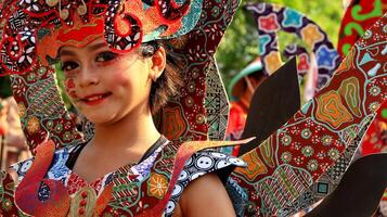 mooie vrouwen nemen deel door unieke kostuums te dragen bij het pekalongan batik carnaval, pekalongan, indonesië foto