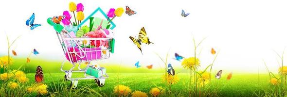 mini-winkelwagentje met kleurrijke bloemen en vlinders. foto