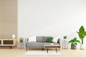 minimalistische woonkamer met bank en salontafel, witte muur en groene plant. 3D-rendering foto