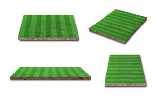3D-rendering. streep gras voetbal veld collectie geïsoleerd op een witte achtergrond. ander perspectief foto