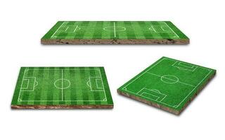 3D-rendering. groen gras voetbal veld collectie geïsoleerd op een witte achtergrond. ander perspectief foto
