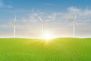 3D-rendering. landschap met windturbine in groen veld over blauwe hemelachtergrond. ecologie milieuconcept. foto