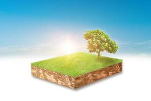 3d illustratie van kubieke bodemplak, groen gras met bomen die over de achtergrond van de hemelwolk drijven. foto