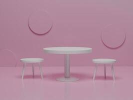 abstracte minimalistische eetkamer met stoelen en tafel. abstracte minimale scène eetkamer ontwerp. 3D render, 3D illustratie foto