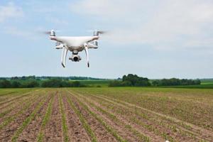 drone quad copter met hoge resolutie digitale camera op groen maïsveld foto