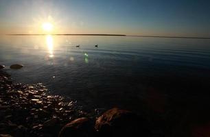 gereflecteerde zonsopgang langs de oever van het meer van Winnipeg foto