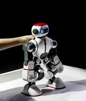 modelrobot in de handen van een kind op de tentoonstelling foto