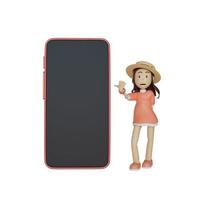 meisje met roze oversized hoed en shirt. schattige glimlach. vinger wijzend naar het lege smartphonescherm. reclame, product, winkelen presenteren. 3D-rendering illustratie. foto