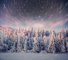 sterrenhemel in besneeuwde winternacht. fantastische melkweg in de oudejaarsavond. in afwachting van de vakantie. dramatische scène. karpaten. Oekraïne foto