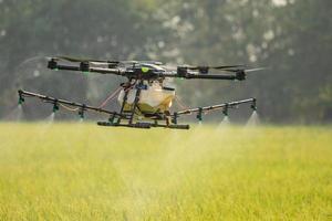 landbouwdrone die over het rijstveld vliegt om chemicaliën of kunstmest te spuiten. technologie voor landbouwconcept foto