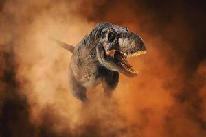 tyrannosaurus t-rex, dinosaurus op rook achtergrond foto