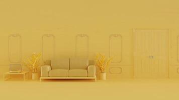 abstracte achtergrond van gele kamer met bank, 3D-rendering