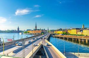 Zweden, Stockholm, 29 mei 2018 Stockholm Cityscape van het historische stadscentrum met de kerktorens van het Riddarholmen-eiland foto