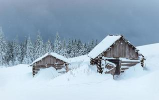 hut in de bergen in de winter. mysterieuze mist. in afwachting van vakantie. Karpaten. Oekraïne, Europa foto