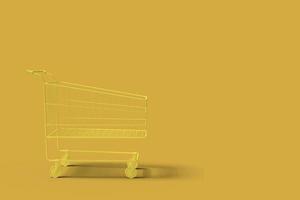 gele winkelkar op een gele achtergrond abstracte afbeelding. minimaal concept winkelbedrijf. 3D render. foto