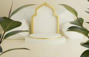 tropische islamitische ramadan groet crème achtergrond met 3d moskee ornament arabische lantaarns foto