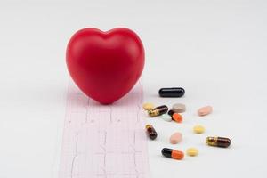 speelgoedhart op cardiogram met pillen. begrip gezondheidszorg. cardiologie - zorg voor het hart foto