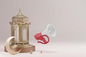 islamitische achtergrond, geschenkdoos, lantaarn, gouden halve maan op wit. ontwerpconcept van ramadan kareem, mawlid, iftar, isra en miraj of eid al fitr adha, met megafoon, 3d illustratie foto