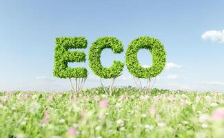 eco teken van struiken boven een veld vol bloemen foto