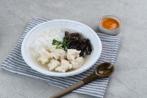 tekwan, traditioneel eten uit palembang, indonesië. gemaakt van een mengsel van visvlees en tapioca, dat wordt gevormd tot kleine balletjes, met vermicelli, champignons, lente-uitjes, selderij. geselecteerde focus. foto