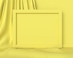 gele frame horizontale mockup op een gele stof achtergrond abstracte afbeelding. minimale concept kunst bedrijf. 3D render. foto
