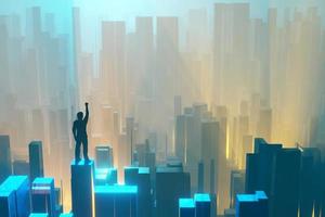 een man die zijn hand opsteekt, staat bovenaan en kijkt naar een fantastische stad in neonlicht. silhouet tegen de achtergrond van een futuristisch landschap. 3D-rendering. foto
