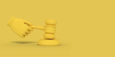 cartoon hand houdt de hamer van een rechter. illustratie op gele kleur achtergrond. 3D-rendering. foto