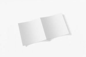 mockup vierkant boekje, brochure, uitnodiging geïsoleerd op een witte achtergrond met zachte kaft en realistische schaduw. 3D-rendering. foto