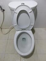 flush wit toilet in witte badkamer. foto