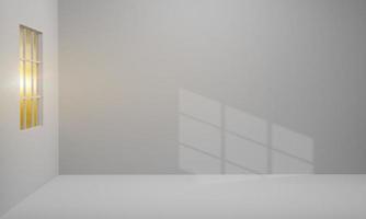 minimalistische lege kamer met grijze muur en licht uit raam. 3D render foto