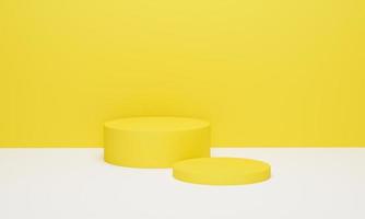 cilinder podium op gele achtergrond minimale scène met geel geometrisch platform. podium staan voor producten display. 3D render, 3d illustratie. foto