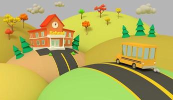 schoolgebouw en gele bus met herfst prachtig landschap. terug naar school. volumetrische stijl illustratie. 3D render. foto