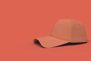 oranje honkbal hoed op een rode achtergrond abstracte afbeelding. minimaal concept sportbedrijf. 3D render. foto