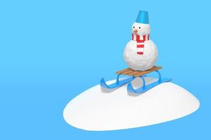3D-weergave van een grappige sneeuwpop op een kinderslee glijdt van een sneeuwglijbaan. illustratie op een blauwe achtergrond foto