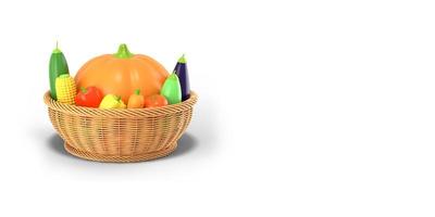 een mand met een herfstoogst van groenten op een wit gekleurde achtergrond. pompoen, maïs, courgette, aubergine, tomaat, peper cartoon stijl. 3D-rendering. foto
