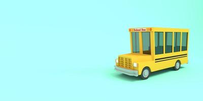 cartoon schoolbus geel op een blauwe achtergrond. eenvoudige geïsoleerde schoolillustratie. 3D-rendering. foto