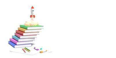 speelgoedraket stijgt op uit de boeken en spuwt rook op een witte achtergrond. symbool van verlangen naar onderwijs en kennis. school illustratie. 3D-rendering. foto